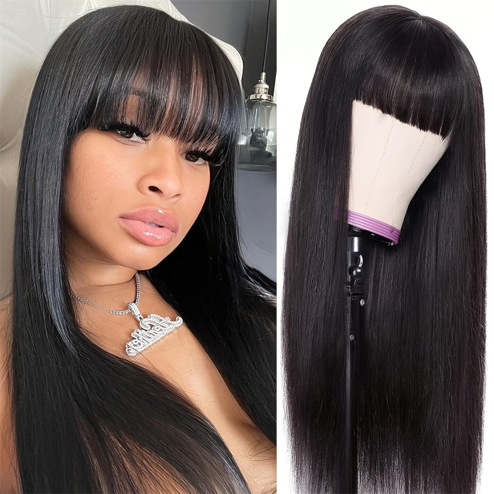 Straight Human Hair Wigs With Bangs None Lace Front Wigs 180% Density Brazilian Virgin Human Hair Glueless Machine Made Wigs For Black Women Natural Color