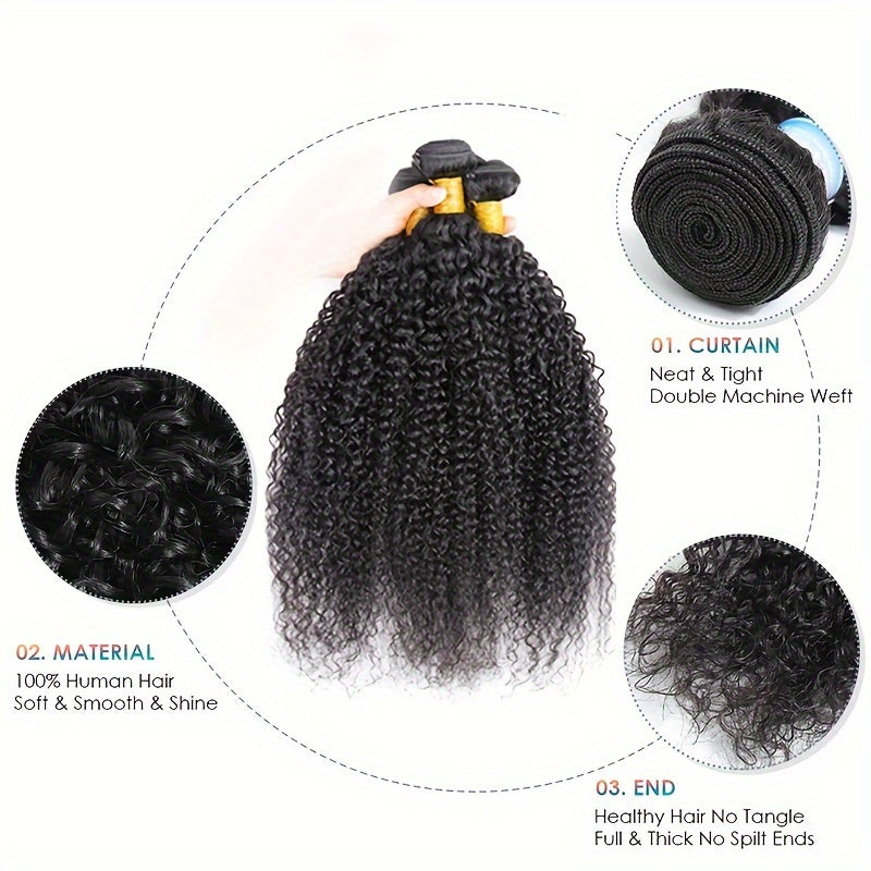 Kinky Curly Human Hair Bundles - Thick Curly Weaves, Virgin Hair Bundles for Full Head Coverage in Natural Black Color (Can be Dyeable), 3 Bundles Totaling 300g±10g