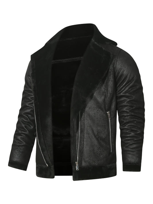 Men's Slim Fit Jacket with Faux Fur Trim - Casual Brown Zip-Up Coat, Long Sleeve, Polyester Blend for Casual Attire