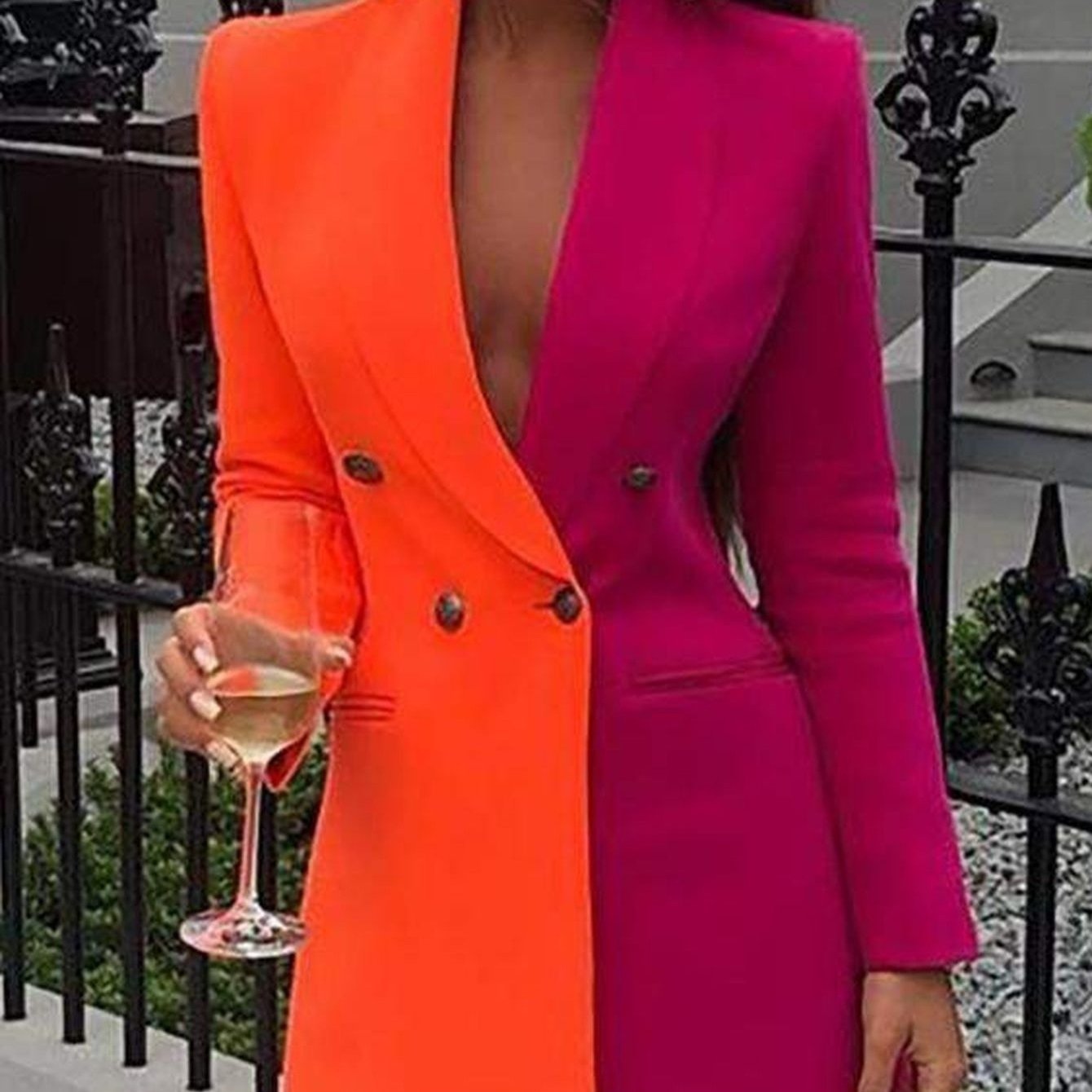 Colorblock Patchwork Long Sleeve Blazer Dress Women Colorblock Casual Long Suits Jackets Turn Down Collar Double Breasted OL Work Bodycon Blazer Dress