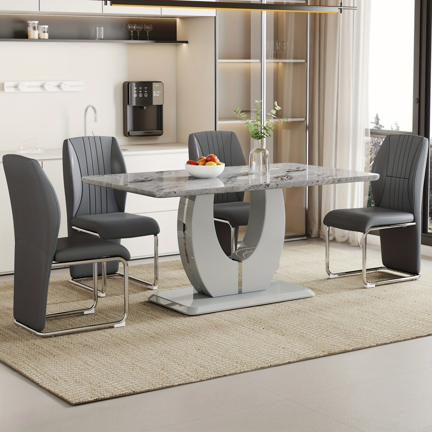 Table And Chair Set, Modern Dining Set Table And 4 Chairs, Grey Faux Marble Dining Table Set For 4, Dining Room Table Set And 4 PU Leather Upholstered Dining Chairs, Large Dinner Table Set.