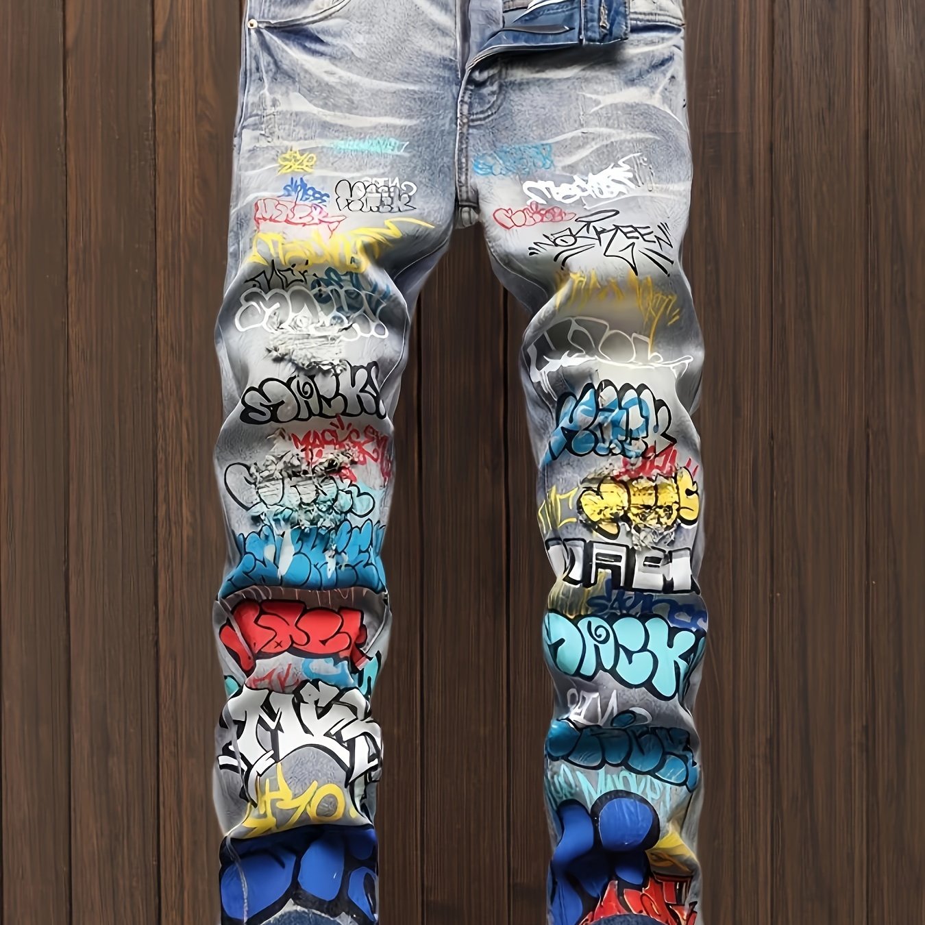 Stylish Graffiti Print Slim Fit Denim Jeans for Men - Comfortable, Versatile, and Fashionable Daily Pants with Artistic Design - Perfect for Casual Occasions and Streetwear