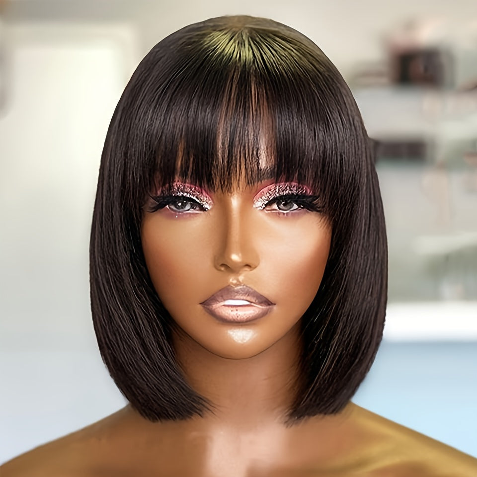[180% Full Human Hair Bob Wig] Straight Short Bob Wig With Bangs 100% Human Hair Full Machine Made Bob Wigs Glueless Straight Wigs For Women 180%