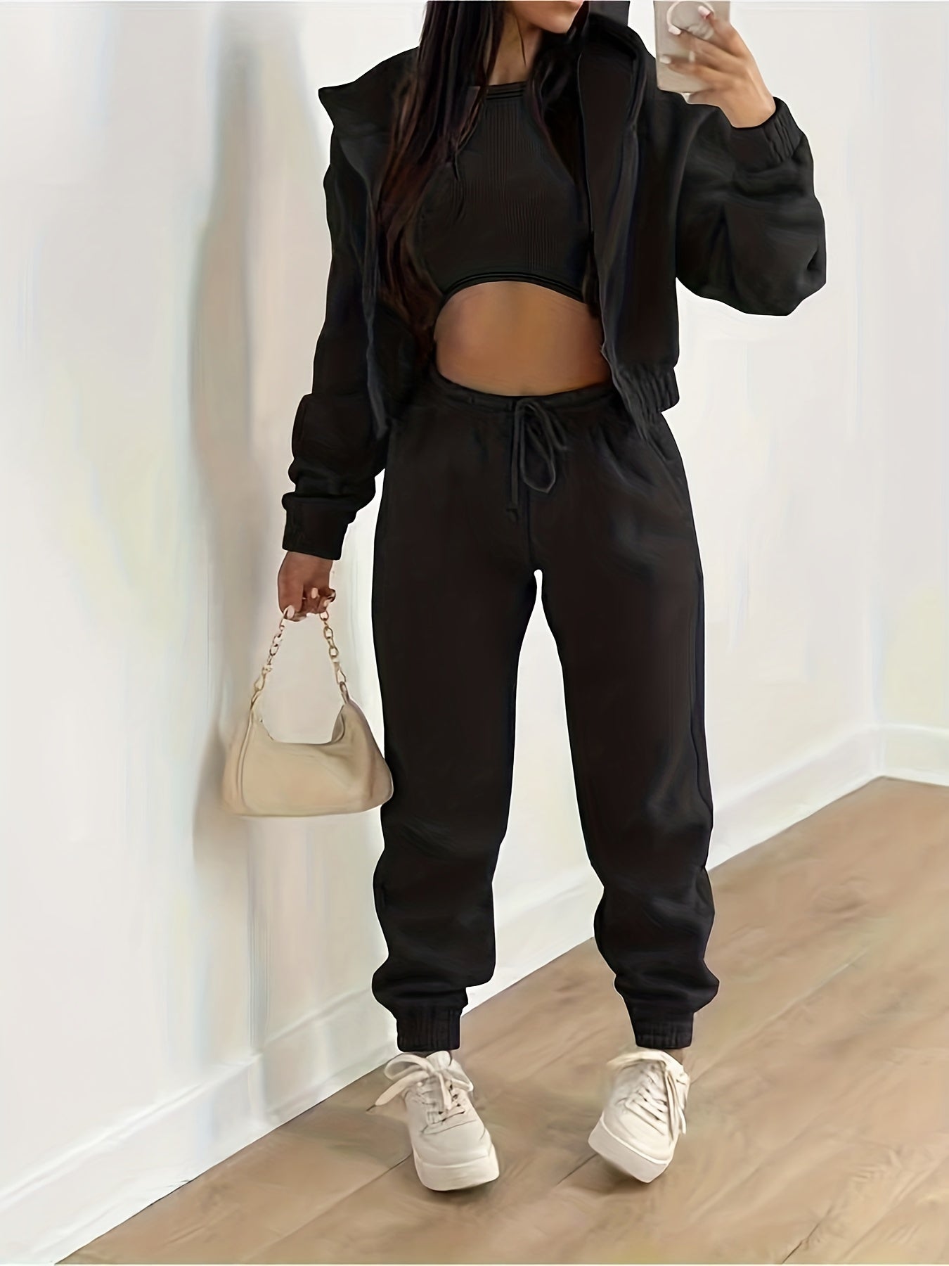 Three-Piece Casual Outfit Set - Zip-Up Hooded Jacket, Sleeveless Crew Neck Tank Top, and Drawstring Elastic Waist Jogger Pants - Comfortable, Versatile, and Stylish Women's Clothing for Everyday Wear