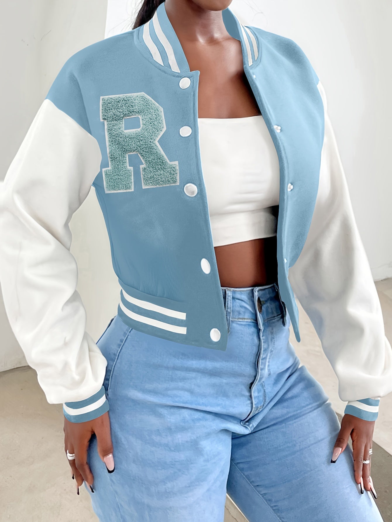 R Pattern Button Up Crop Bomber Jacket, Preppy Long Sleeve Jacket For Fall & Winter, Women's Clothing