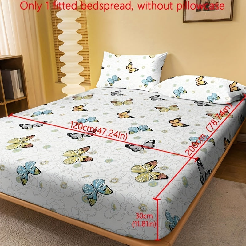 1pc Brushed Fitted Sheet, Soft Comfortable Butterfly Floral Print Bedding Fitted Sheet, For Bedroom, Guest Room, With Deep Pocket, Fitted Bed Sheet Only, Without Pillowcase