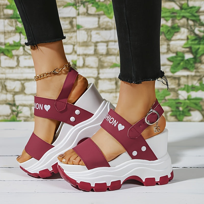 Casual Elegance Open-Toe Wedge Sandals, Solid Color with Strappy Back & Metal Buckle, Comfortable Platform Heel Fashion Footwear for Women
