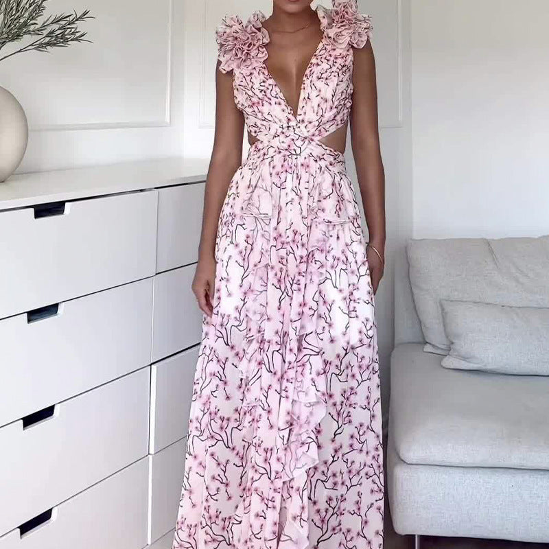 Autumn European And American Fashion Casual Home Floral Backless Dress Women