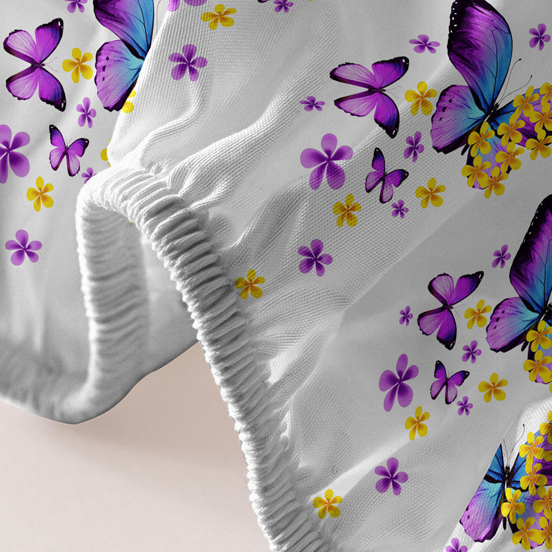 1pc Brushed Fitted Sheet, Soft Comfortable Butterfly Floral Print Bedding Fitted Sheet, For Bedroom, Guest Room, With Deep Pocket, Fitted Bed Sheet Only, Without Pillowcase