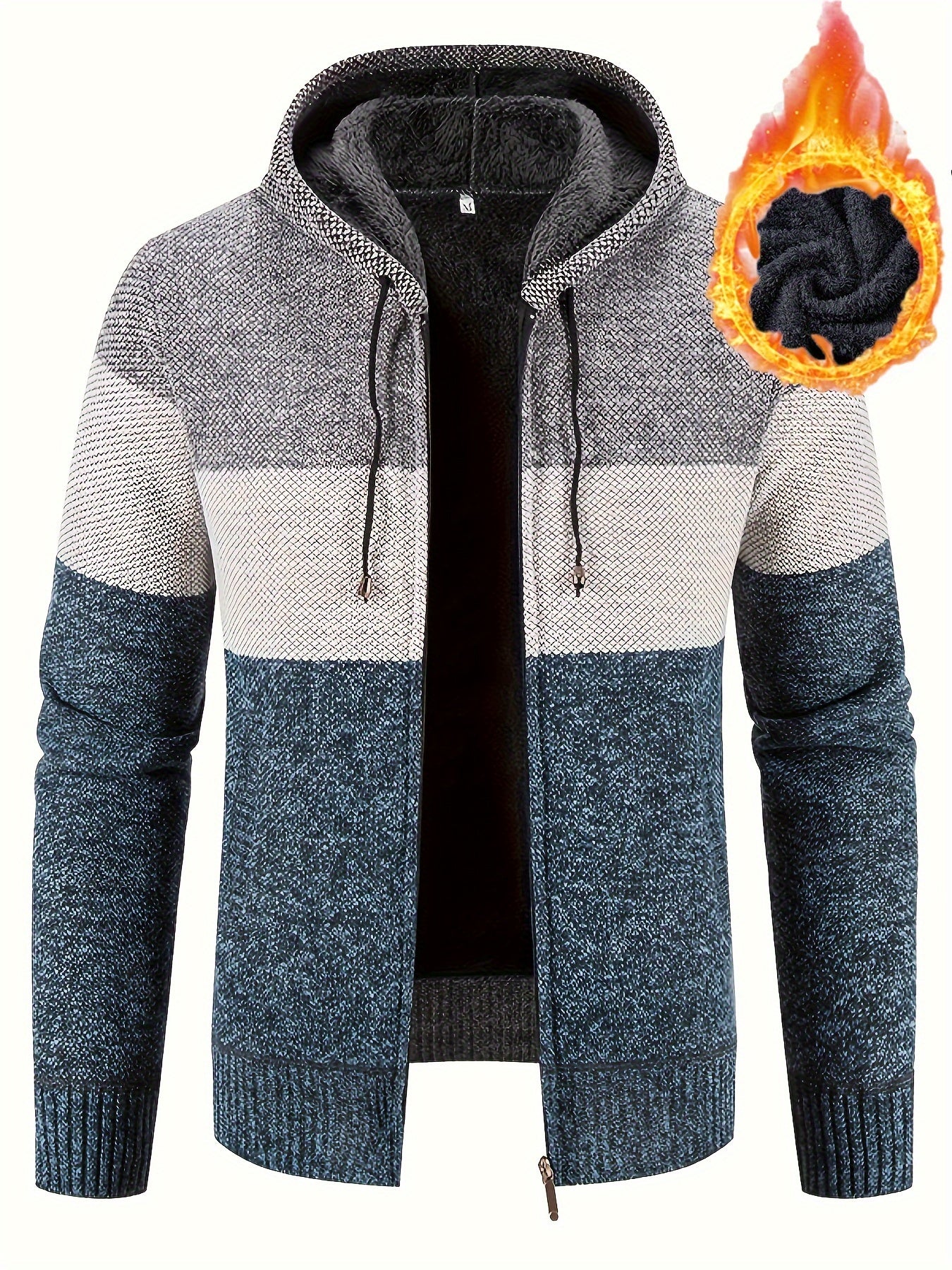 Warm Zip Up Hooded Fleece Jacket Sweater, Men's Casual Slightly Stretch Color Block Cardigan For Fall Winter