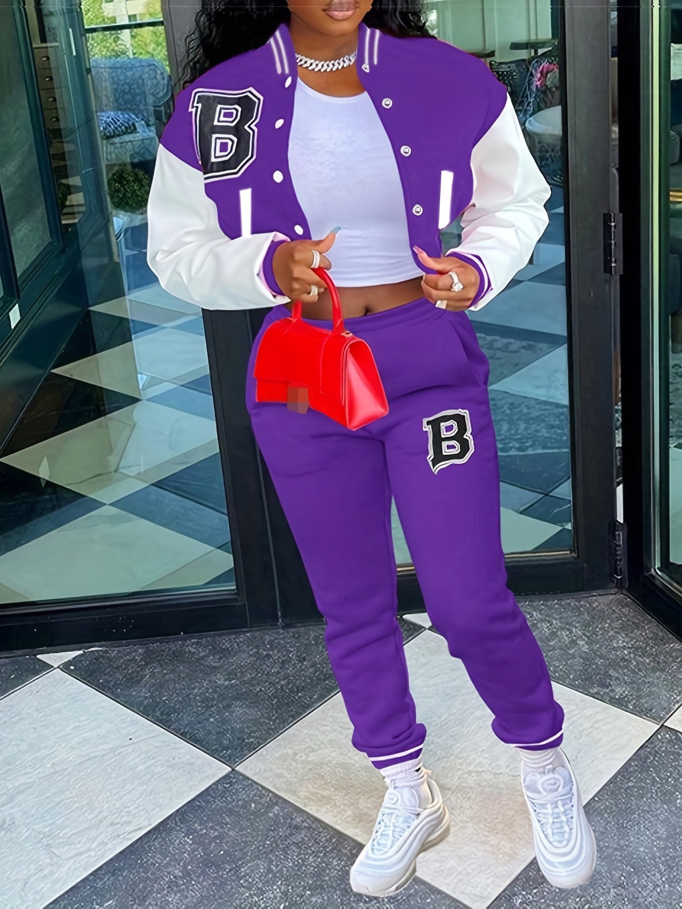 Sporty Chic, Women's Casual Letter Print Baseball Jacket and Pants Set - Red and White, Polyester Blend, Machine Washable, Fall/Winter Fashion Ensemble