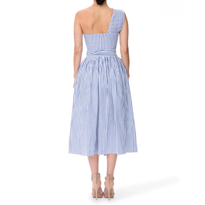 Women's Summer One Shoulder Striped Midi Dress Elegant Tie Waist Bodycon Dresses With Pockets