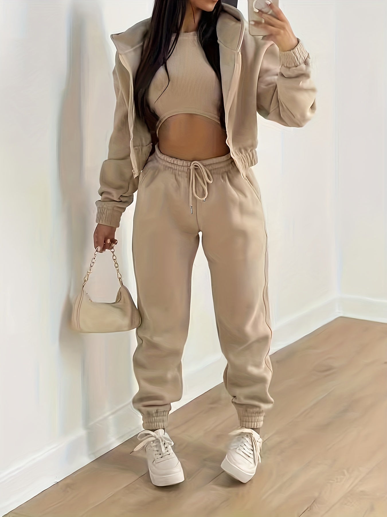 Three-Piece Casual Outfit Set - Zip-Up Hooded Jacket, Sleeveless Crew Neck Tank Top, and Drawstring Elastic Waist Jogger Pants - Comfortable, Versatile, and Stylish Women's Clothing for Everyday Wear