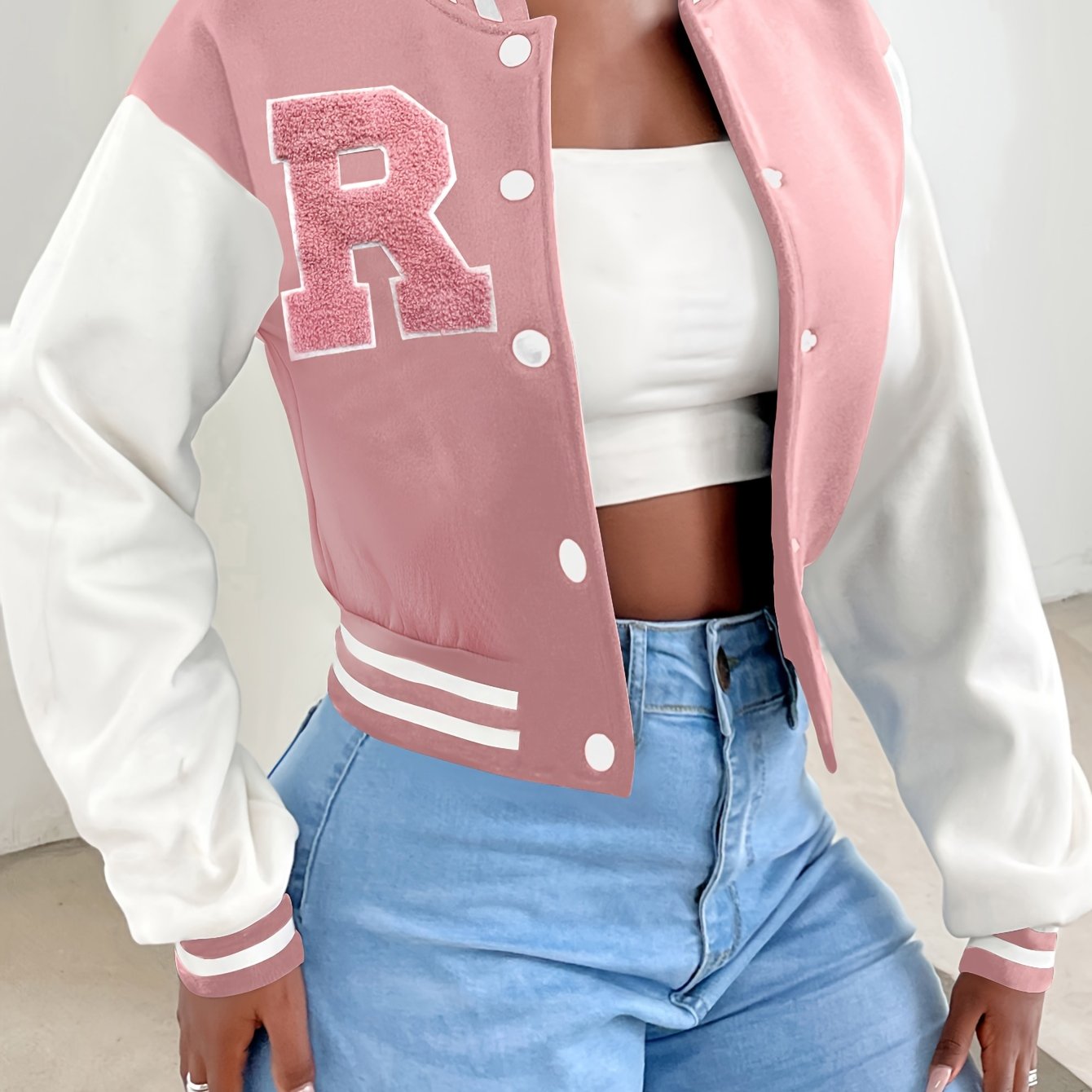 R Pattern Button Up Crop Bomber Jacket, Preppy Long Sleeve Jacket For Fall & Winter, Women's Clothing