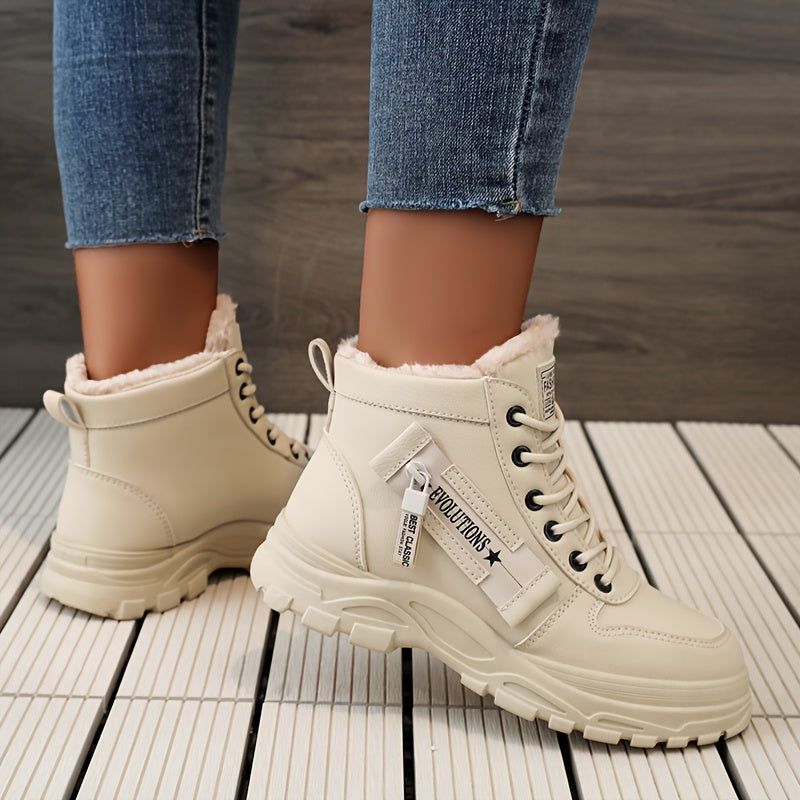Women'S K2001 High-Top Winter Boots - Stylish White Lace-Up with Faux Fur Lining, Waterproof PVC Sole, Casual All-Season Footwear, Casual Winter Boots|Faux Fur Lined Boots|Laceup Boots