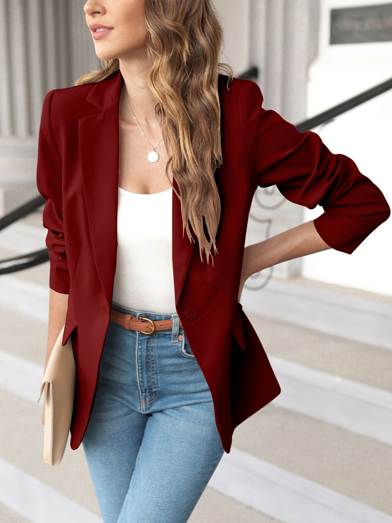 [Long Sleeve Work Blazer Jacket] Solid Lapel Blazer Jacket, Casual Long Sleeve Work Office Outerwear With Pockets, Women's Clothing