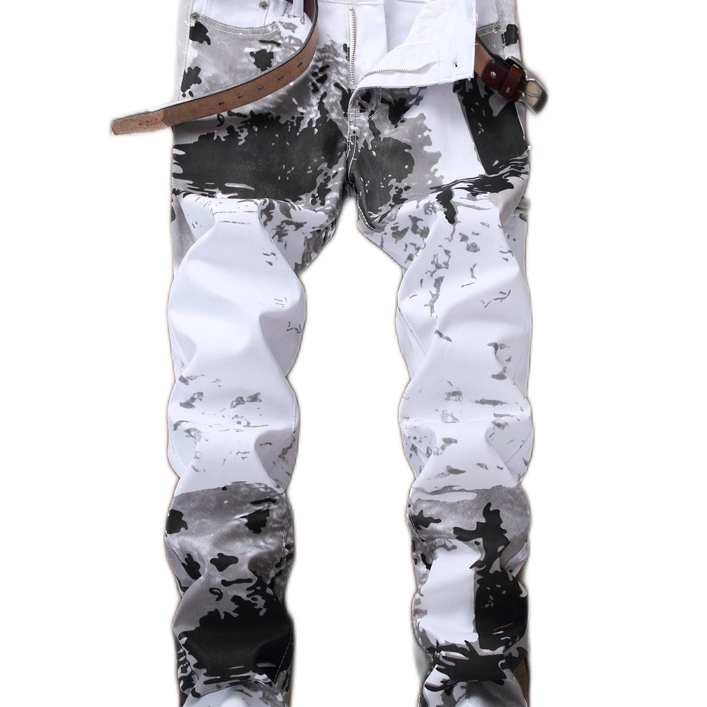 Slim Fit Creative Pattern Print Denim Jeans for Men, Stylish Leisure Pants for All Seasons