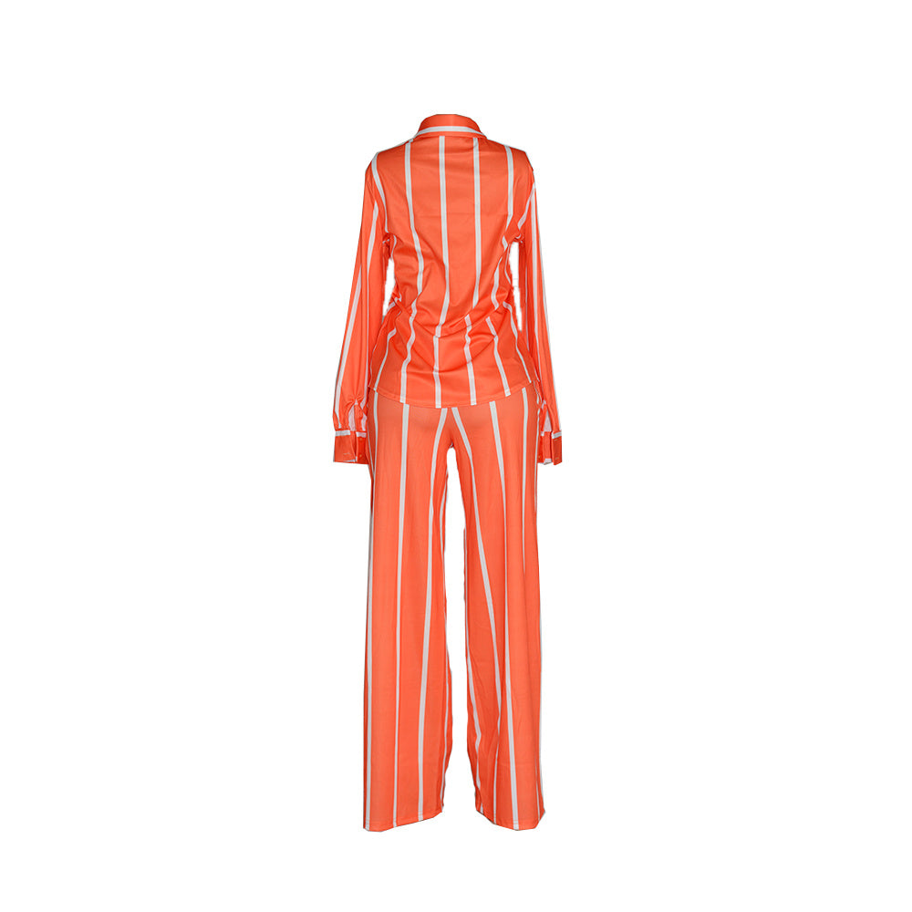 [Two-piece Set Long Sleeve Shirt] Striped Print Two-piece Set, Button Front Collar Long Sleeve Shirt & High Waist Wide Leg Loose Pants Set, Women's Clothing