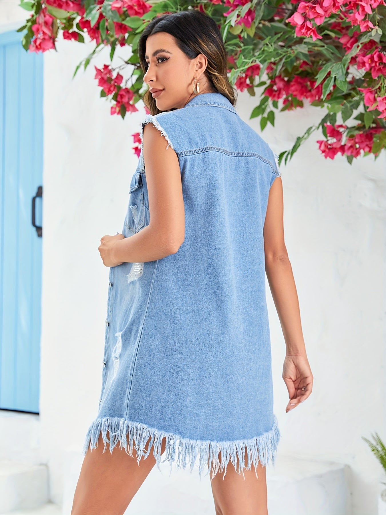 Lapel Neck Ripped Holes Denim Jacket, Sleeveless Raw Trim Breathable Versatile Casual Denim Vest With Flap Pocket, Women's Denim Clothing