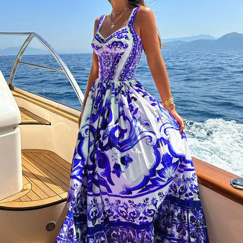 Printed Sleeveless Dress Fashion Temperament Spaghetti Waist-controlled Large Hem Dresses For Women