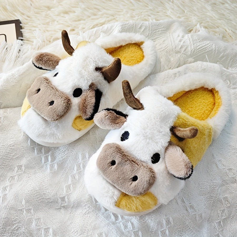 Adorable Cartoon Cow Plush Slippers for Women - Cozy Fabric Upper & PVC Sole, Soft Indoor Footwear with Fluffy White Trim, Cute Slippers