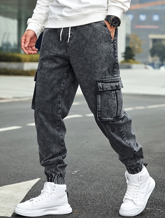 Cargo Jeans For Men Multi Pockets Elastic Waist Denim Casual Streetwear Comfort Pull On Jeans Menswear Pants Soft Denim