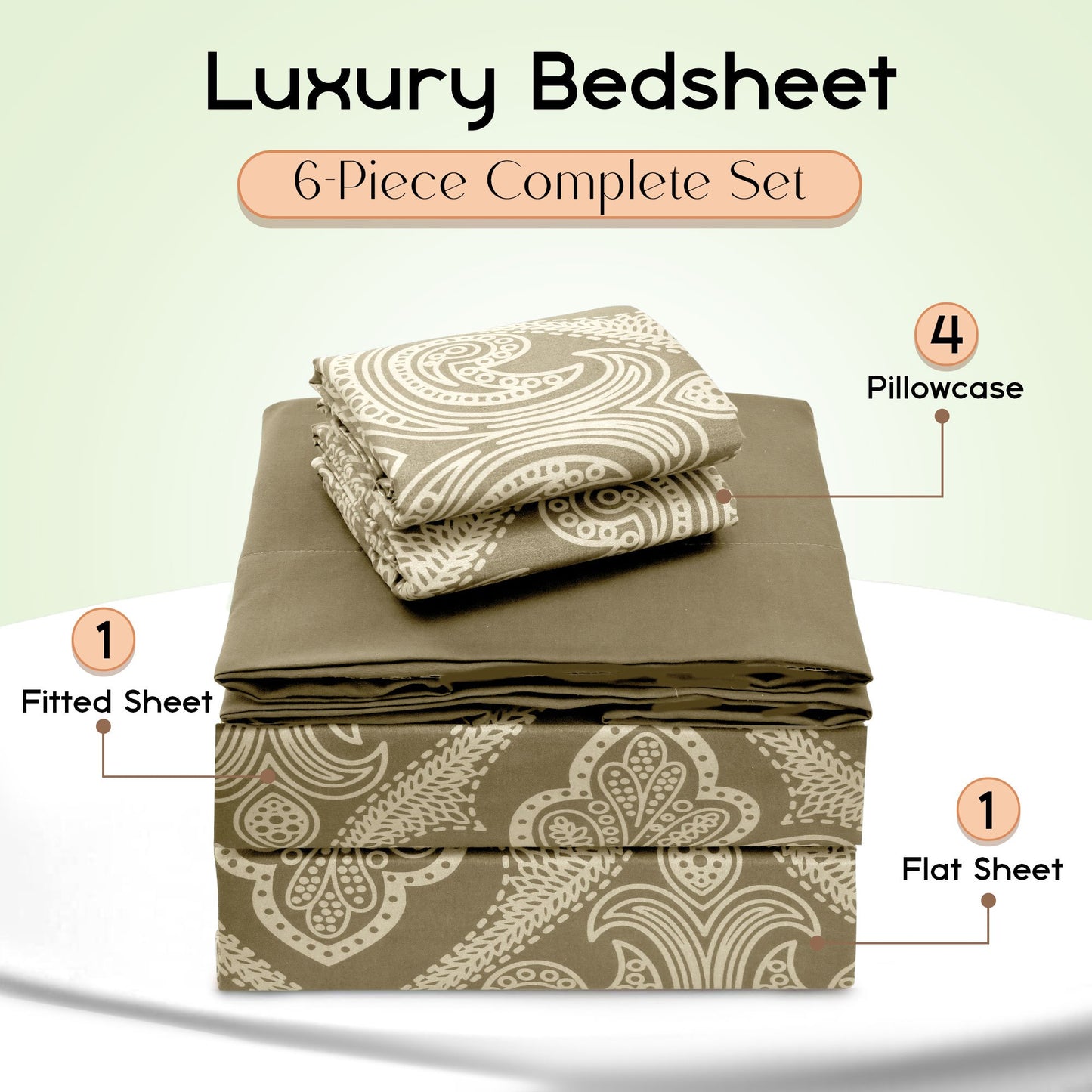 Lux Decor 6 Pieces Paisley Bed Sheet, Breathable Hotel Style Sheets, Microfiber Sheets Deep Pockets, Easy-Fit, Soft & Wrinkle Free Oeko-Tex Cooling Bed Sheets