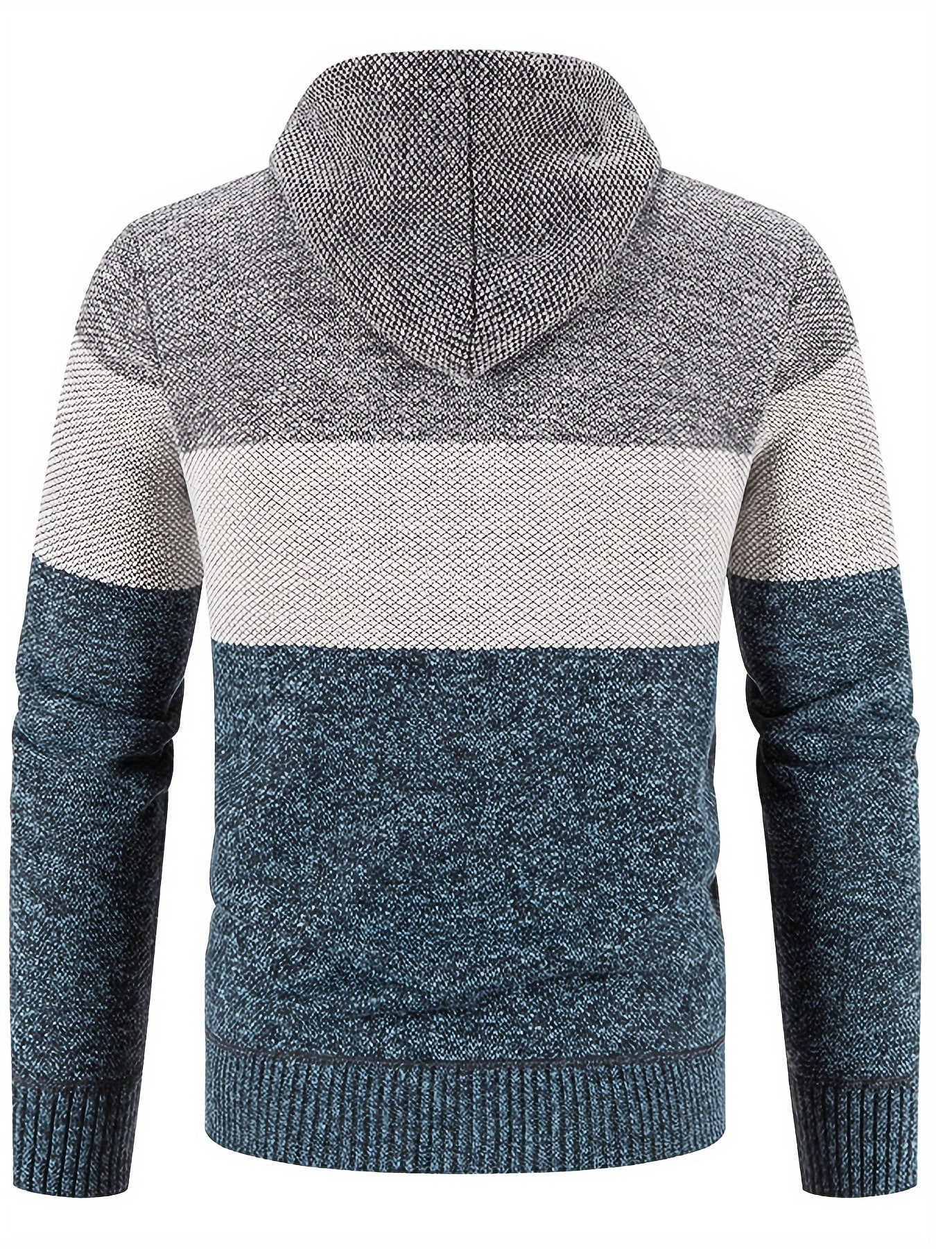 Warm Zip Up Hooded Fleece Jacket Sweater, Men's Casual Slightly Stretch Color Block Cardigan For Fall Winter