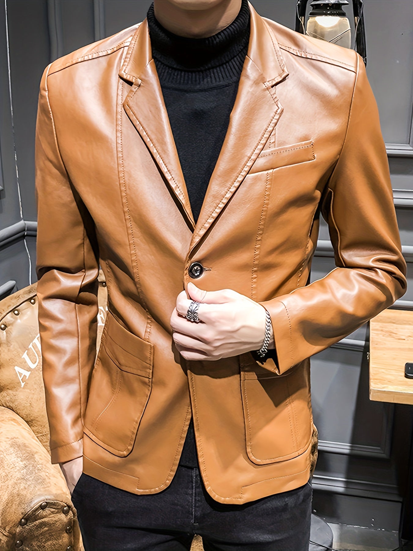 Men's PU Leather Jacket Casual Suit For Autumn And Winter, Old Money Style
