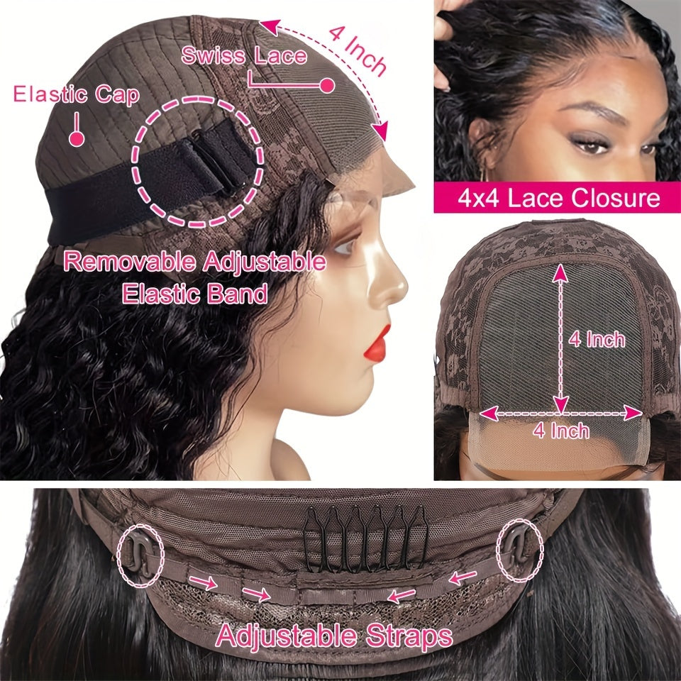 [HD Transparent] Brazilian Deep Wave Lace Front Wig | 4x4 Closure | 100% Human Hair | Pre Plucked | Natural Black Color | 180% Deep Curly