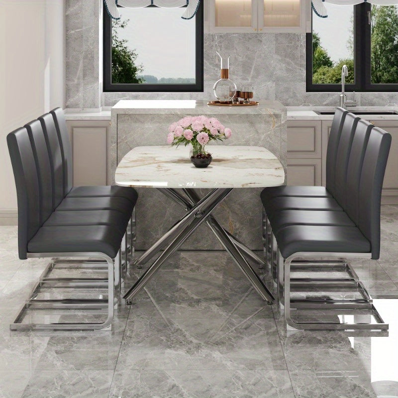 Table and chair set, large modern minimalist rectangular dining table, 0.39 "imitation marble tabletop and silver metal legs, soft leather seats. F-1537