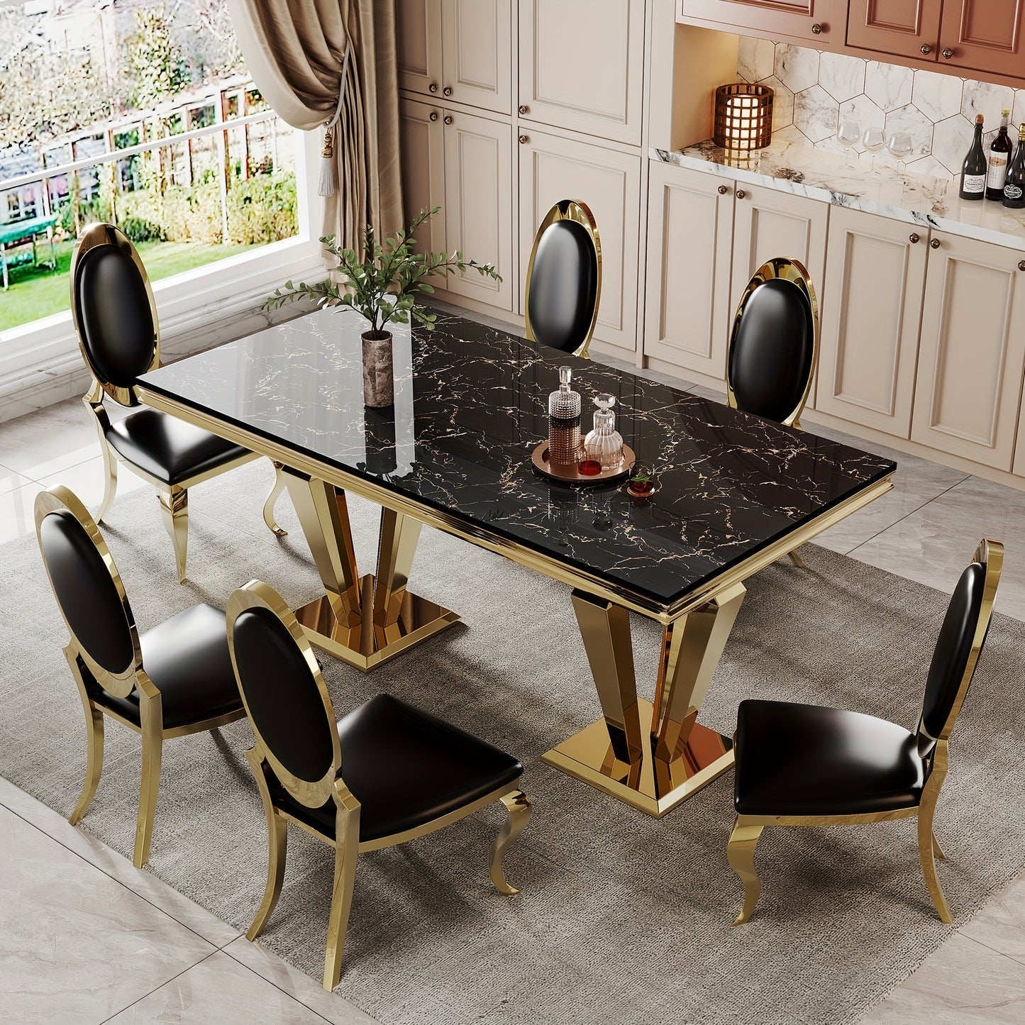 7-piece Luxury Dining Table And Chair Set. One 70-inch Cultured Marble Table With 6 Leather Chairs | Perfect For Kitchens, Home Dining Rooms And Hotel Restaurants