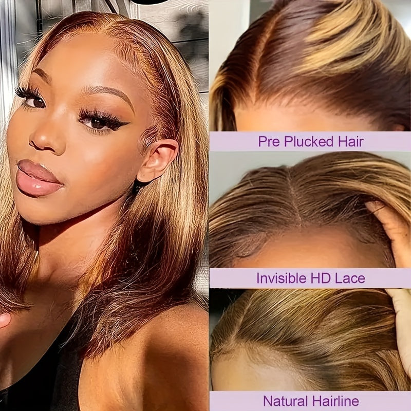 Gift for Girlfriend mother Handwoven Bob wig 5x1 HD Clear front lace wig Human Hair Pre-pulled Human Hair No Glue wig Human Hair 180% density Straight lace wig Ladies natural color