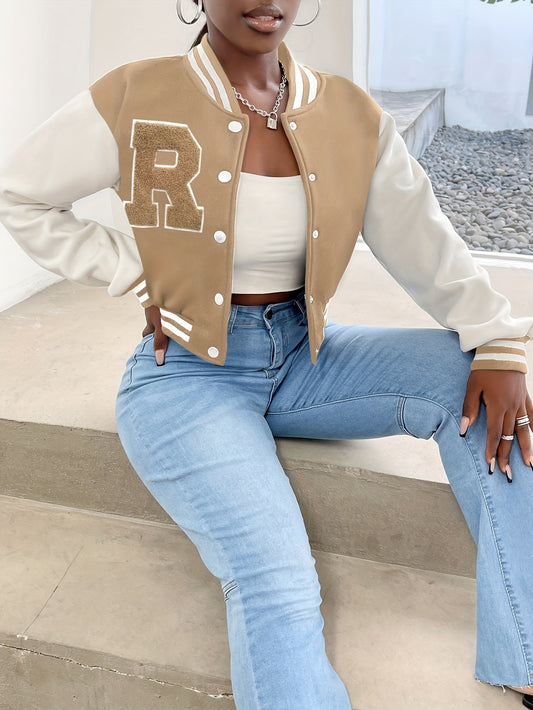 R Pattern Button Up Crop Bomber Jacket, Preppy Long Sleeve Jacket For Fall & Winter, Women's Clothing