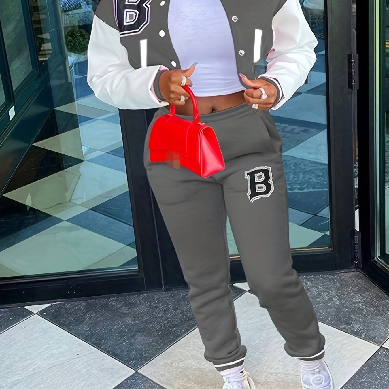 Sporty Chic, Women's Casual Letter Print Baseball Jacket and Pants Set - Red and White, Polyester Blend, Machine Washable, Fall/Winter Fashion Ensemble