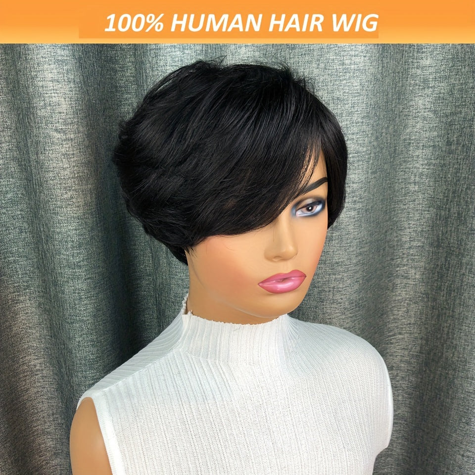 Elegant Natural Black Straight Bob Wig with Side Bangs for Women - 150% Density, Glueless Human Hair, Machine Made, Brazilian Virgin Hair