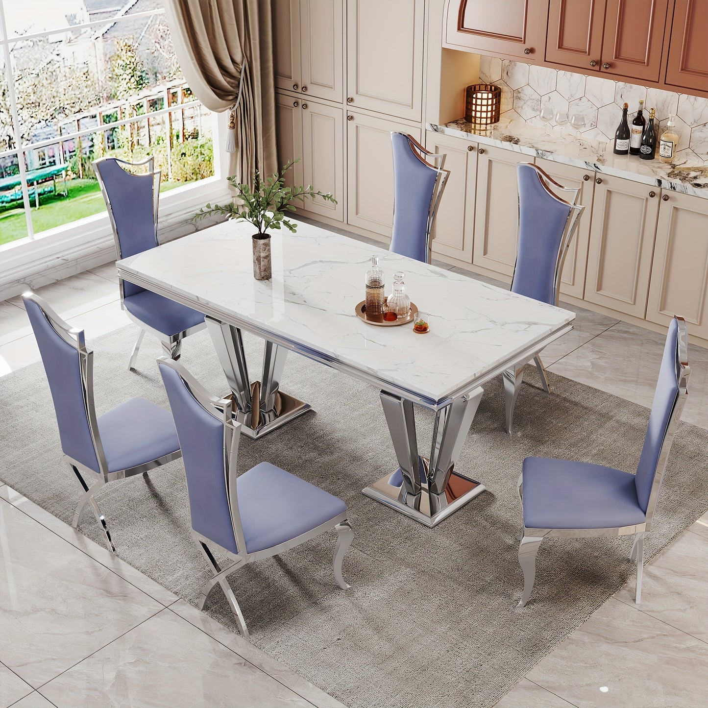 7-piece Table And Chair Set, Mid-century Modern Dining Table Set, Suitable For 6-8 People, Including A 70-inch Faux Marble Dining Table And 6 Leather Dining Chairs. Suitable For Restaurants, Kitchens, Hotel Restaurants.