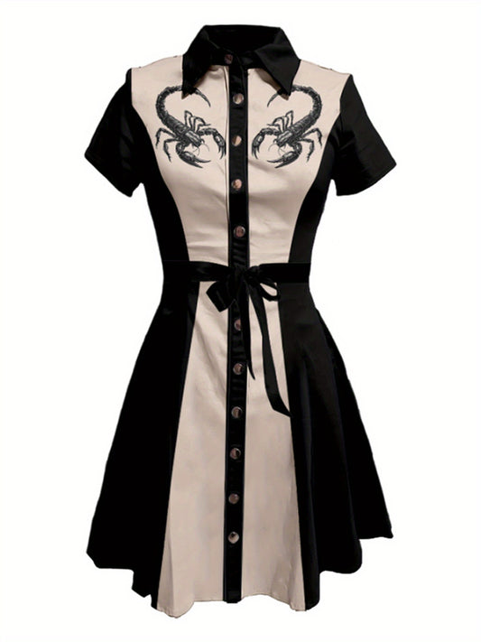 Vintage Western Scorpion Printed Black Shirt Dress Women Summer Short Sleeve Button Casual Retro Cowgirl Style Slim Fit Midi Dresses