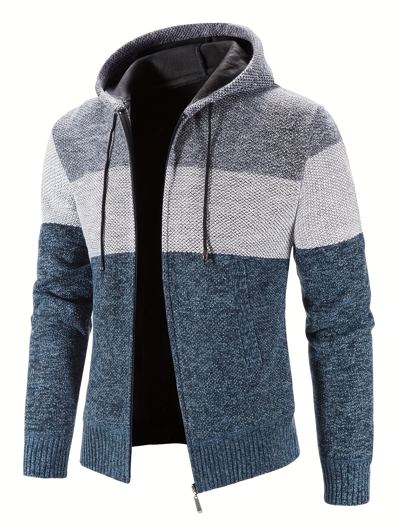 Warm Zip Up Hooded Fleece Jacket Sweater, Men's Casual Slightly Stretch Color Block Cardigan For Fall Winter