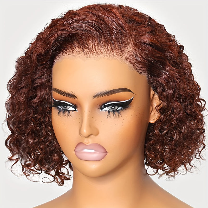 KLAIYI Glueless Reddish Brown Curly Bob Wig - 7x5 Lace Front, Pre-Cut, Pre-Plucked, Pre-Bleached Human Hair Wig for Women - Easy to Wear, Put On and Go, Natural Hairline, No Shedding, No Tangle