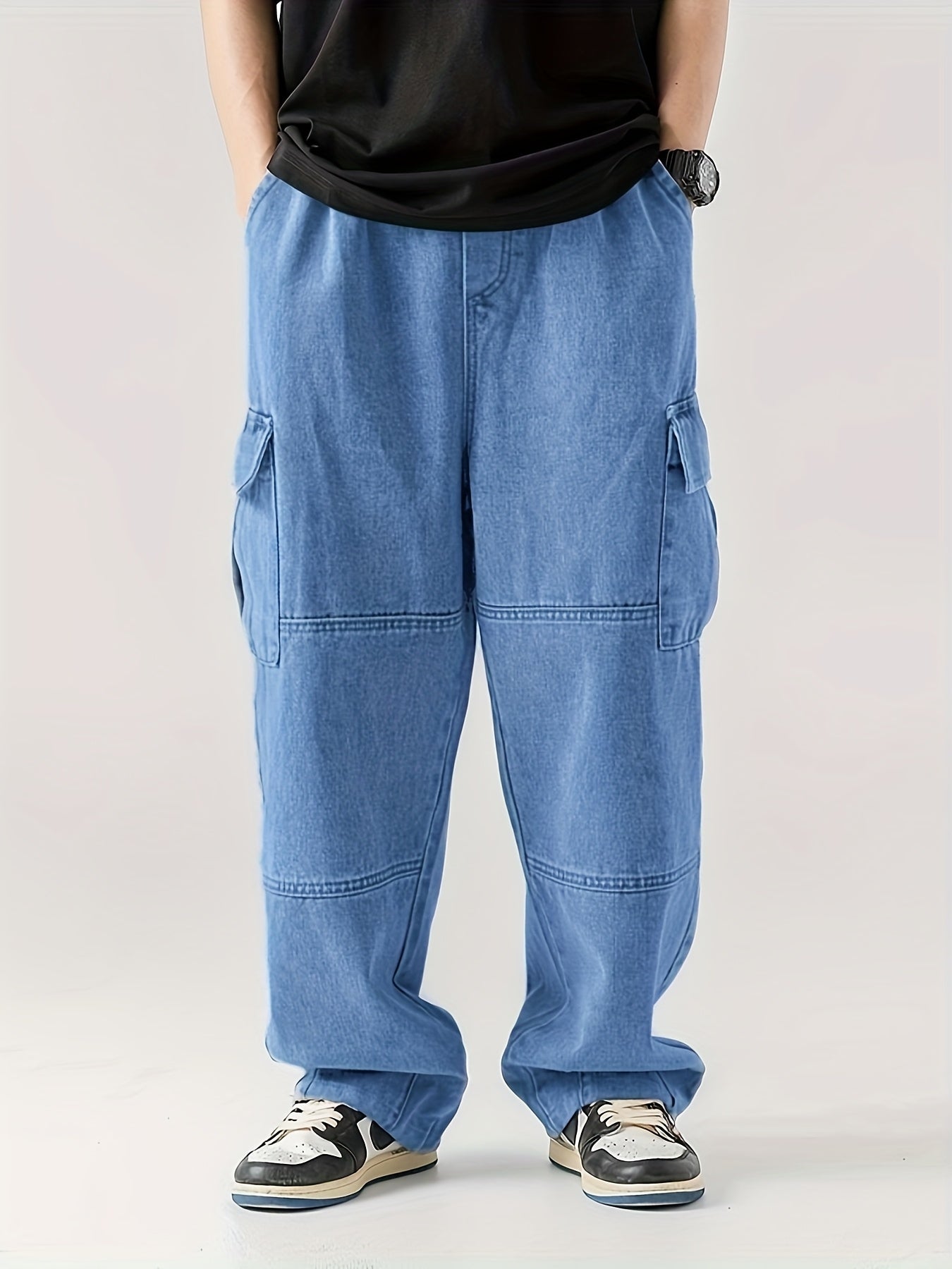 Cargo Jeans For Men Multi Pockets Elastic Waist Denim Casual Streetwear Comfort Pull On Jeans Menswear Pants Soft Denim