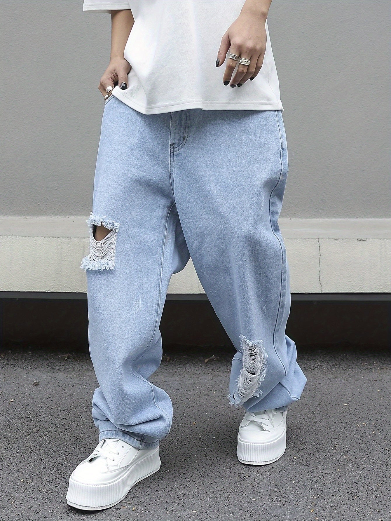 Relaxed Fit Wide Leg Ripped Jeans for Men - Stylish Comfortable Denim Pants with Street Style Fashion, Loose Fit, Comfy, Fashionable, and Trendy - Perfect for Casual Daily Wear