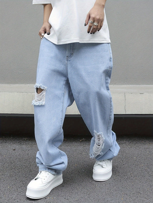 Relaxed Fit Wide Leg Ripped Jeans for Men - Stylish Comfortable Denim Pants with Street Style Fashion, Loose Fit, Comfy, Fashionable, and Trendy - Perfect for Casual Daily Wear
