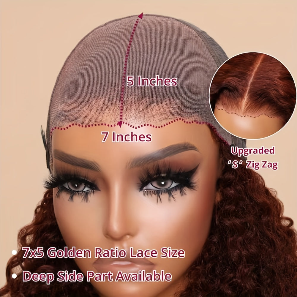 KLAIYI Glueless Reddish Brown Curly Bob Wig - 7x5 Lace Front, Pre-Cut, Pre-Plucked, Pre-Bleached Human Hair Wig for Women - Easy to Wear, Put On and Go, Natural Hairline, No Shedding, No Tangle