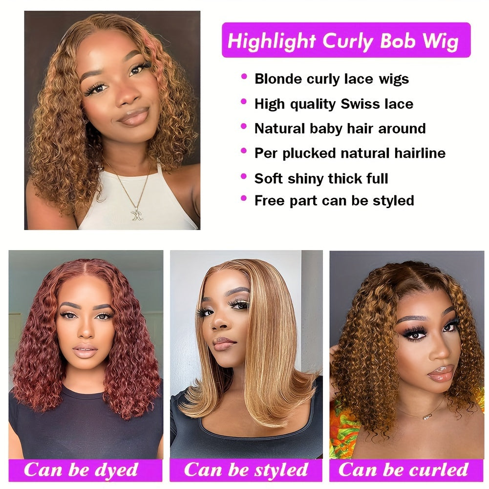13x4 Brazilian Remy Human Hair Curly Bob Wig - Glamorous Blonde & Brown Highlights, Luscious Deep Waves, Secure Lace Front, For Everyday Elegance - 10-16inch Length, 150% Density
