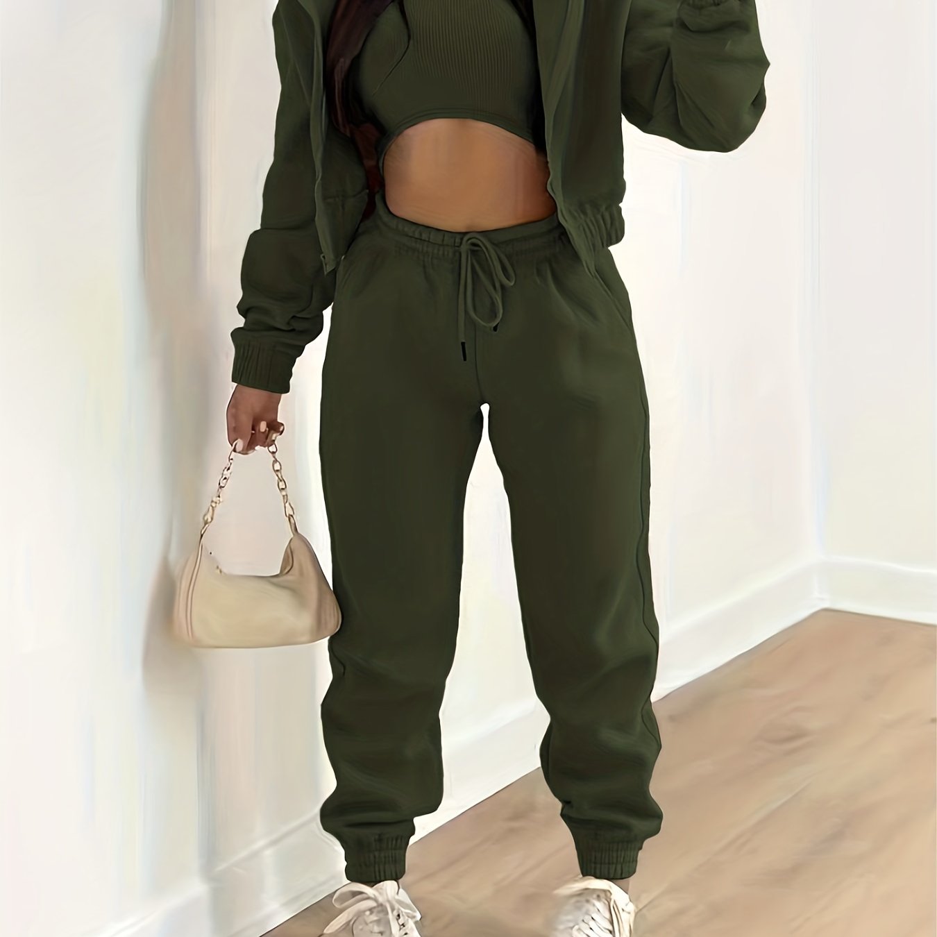 Three-Piece Casual Outfit Set - Zip-Up Hooded Jacket, Sleeveless Crew Neck Tank Top, and Drawstring Elastic Waist Jogger Pants - Comfortable, Versatile, and Stylish Women's Clothing for Everyday Wear