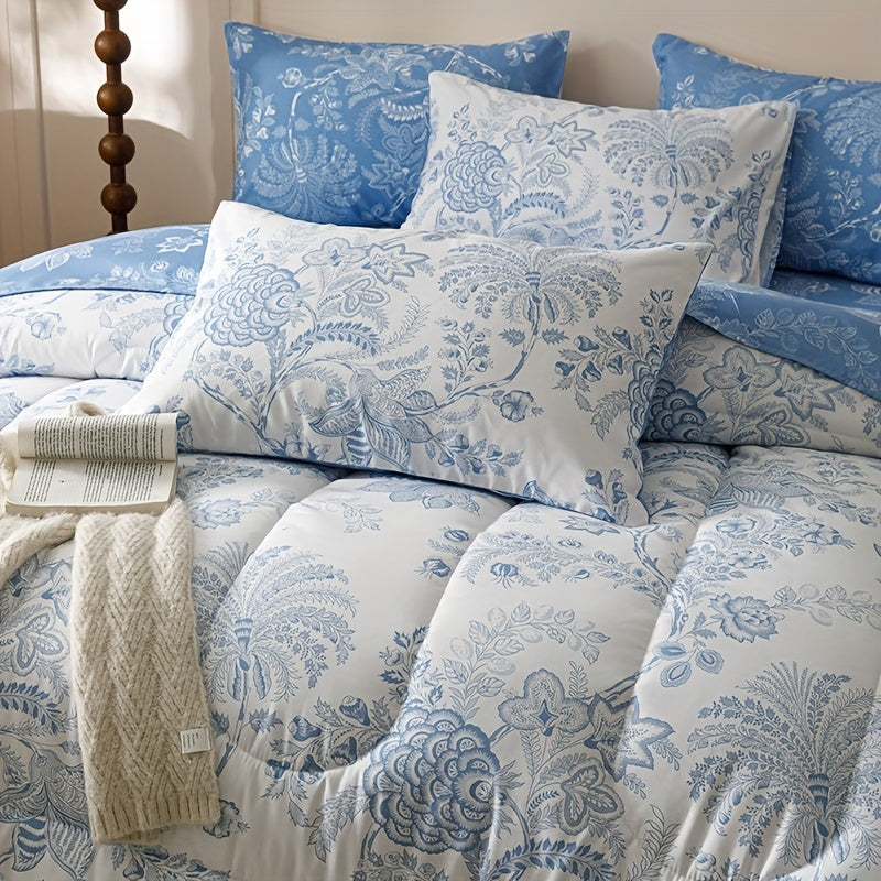 7pcs Blue Flower Plant Design Two-sidedlarge Sizeextra Large Quilt Set (1 Quilt +1 Bed Cap +1 Bed Sheet +4 Pillowcase Without Pillow Core), Contains Padding 180gsm Quilting Soft Ventilate The Four Seasons Apply Bedroom Dormit
