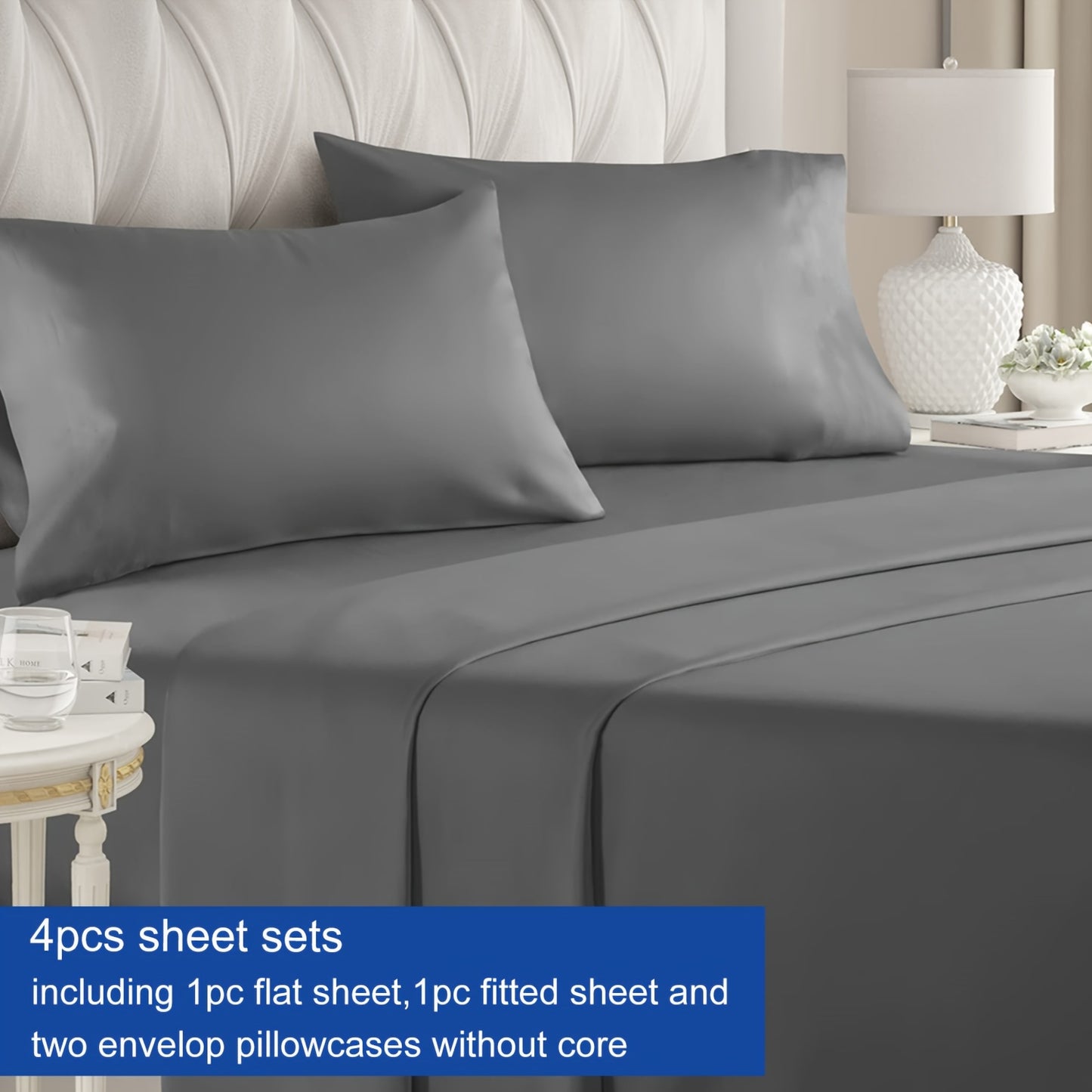 Luxury 4-Piece Bed Sheet Set with Deep Pockets - 100% Polyester Solid Color, Includes 1 Flat Sheet, 1 Fitted Sheet, and 2 Pillowcases - Machine Washable, Sanded Craftsmanship, All-Season Comfort