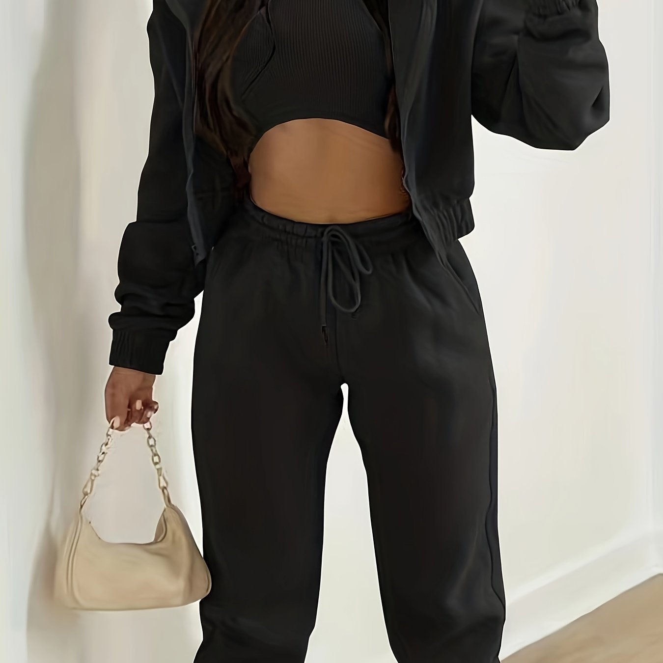 Three-Piece Casual Outfit Set - Zip-Up Hooded Jacket, Sleeveless Crew Neck Tank Top, and Drawstring Elastic Waist Jogger Pants - Comfortable, Versatile, and Stylish Women's Clothing for Everyday Wear