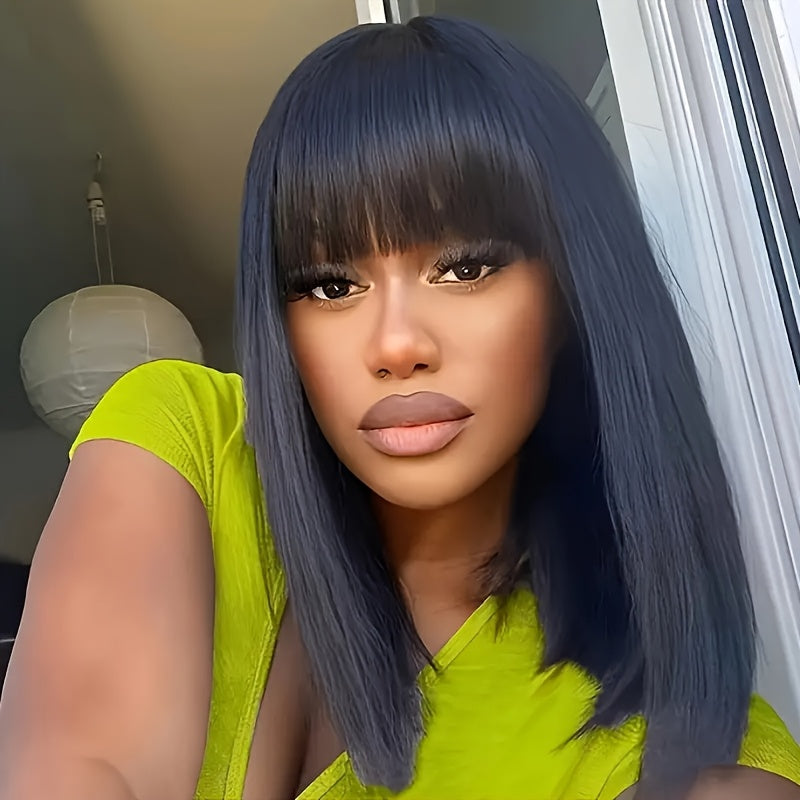 Women's Glueless Bob Wig with Bangs - Natural Black Human Hair, 150% Density (2x1 Ratio), Brazilian Hair, No Glue Needed, Adjustable Bangs & Pre-Plucked Front with Baby Hair, Everyday & Special Occasion Hairstyle - Suitable f
